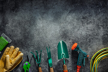 Free Space Image Garden Tools On Dark Gray Background