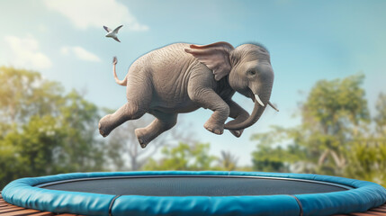 3d illustration of an elephant jumping on a tram - obrazy, fototapety, plakaty