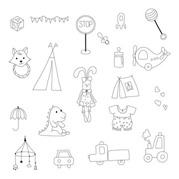 Cute hand drawn kids toys set. Vector illustration isolated on white background.