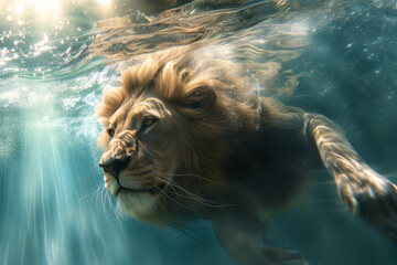 lion swimming underwater with rays of sunlight shining through