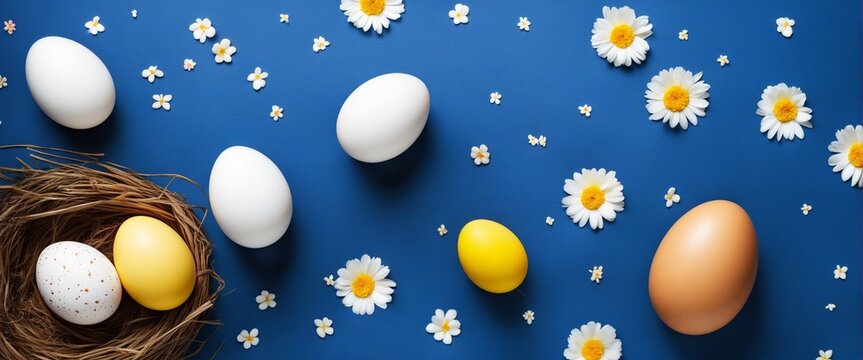 Easter banner with painted eggs and napkin on dark blue backround. Top view, flat lay with copy space.
