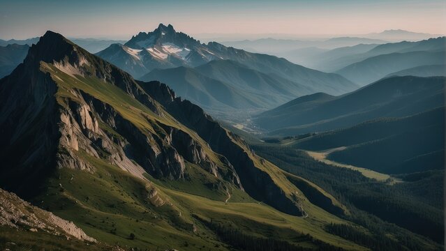 View of moody mountain peaks.  Generative, AI.