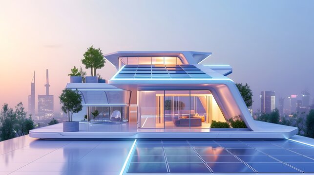 Concept of futuristic generic smart home with solar panels rooftop system for renewable energy.