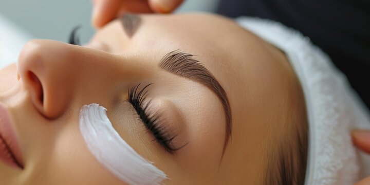 Beauty salon. Young woman undergoing procedure of eyelashes lamination