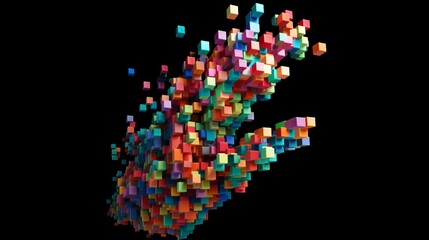An abstract thumbs-up sign is created by a large number of colourful cubes moving in space and coming together on a plain background