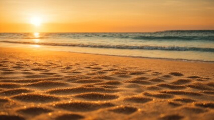 Fototapeta premium Closeup sea sand beach. Panoramic beach landscape. Inspire tropical beach seascape horizon. Orange and golden sunset sky calmness tranquil relaxing sunlight summer mood. Vacation travel holiday banner