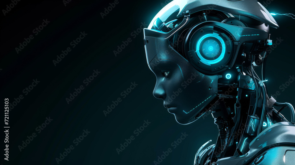 Wall mural profile of a futuristic robot head with glowing blue lights.