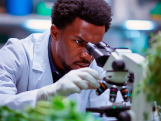 Fototapeta na wymiar Concentrated African American scientist using a microscope for plant analysis. Bioenergy, biomass, environmental biology concept