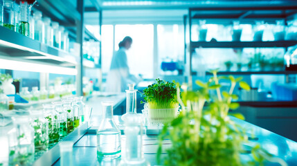 Modern laboratory with plant biotechnology research with a woman in the background. Bioenergy, biomass, environmental biology concept - obrazy, fototapety, plakaty