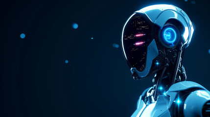 Profile of a futuristic robot head with glowing blue lights.