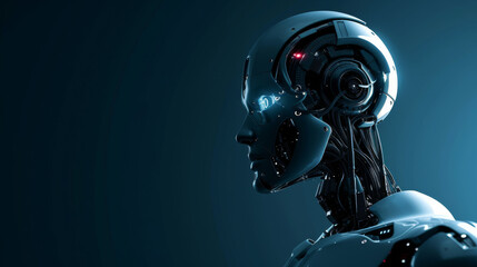 Profile of a futuristic robot head with glowing blue lights.