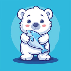 Cute Polar Bear Holding Big Fish cartoon vector illustration