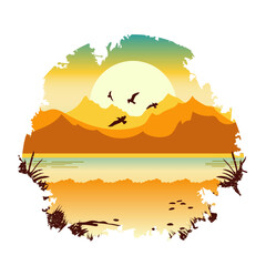 Mountains, beach, sea, seagulls on sun background, sandy background in circle. Vector illustration