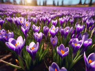 Crocus Blossom Extravaganza: A Captivating Photograph Showcasing the Vibrant Symphony of Colors in a Meadow of Springtime Crocuses, Perfect for Seasonal Concepts and Botanical Themes. generative AI