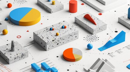 Modern infographics stylized as concrete. Statistics Business 3d Pie Chart, Bars, Strips, Steps and Options. Business Infographic creative design made of concrete shapes