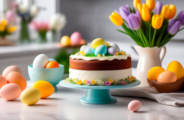 Cake for Easter decorated with miniature Easter eggs, spring bouquet of tulips on the table in a bright kitchen