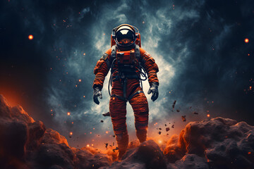 Celestial galaxy with astronaut in spacesuit - obrazy, fototapety, plakaty