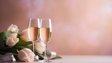 Two wine glasses and bouquet of flowers on the table