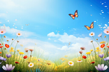 Beautiful summer meadow with blooming flowers and butterflies, background with copy space