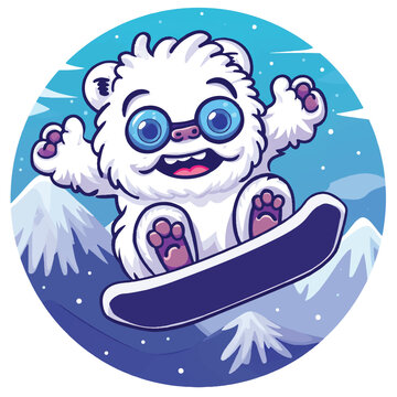 Cute Yeti Snowboarding cartoon vector illustration