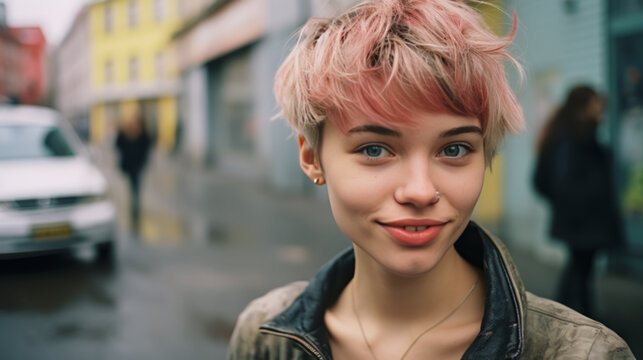 Portrait of a teenager girl with pink hair on the street.