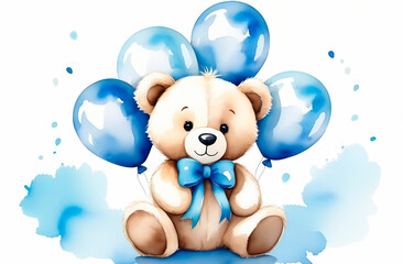 Teddy bear with blue balloons, cute watercolor, baby shower, baby boy, greeting card template on a white background