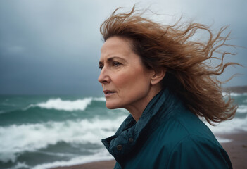 An elderly woman stands in a strong wind on the shore of a stormy sea.