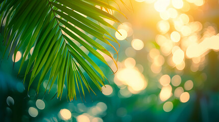 nature blur green palm leaves on tropical beach with sun bokeh lights,