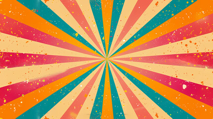 Horizontal retro groovy background with bright sunburst in style 60s, 70s.