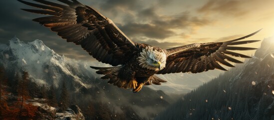 Fototapeta premium Eagle bird flying looking for rabbit prey in forest landscape in winter