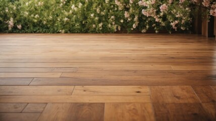 Spring or summer hardwood flooring background with Empty wooden table.  Generative, AI.