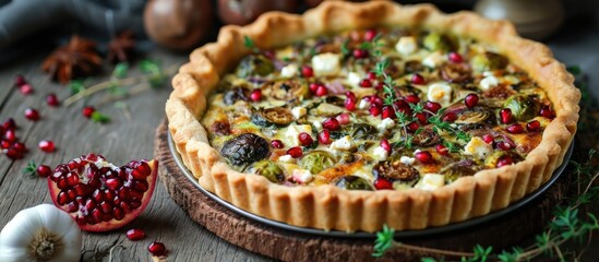 Vegetable quiche with goat cheese, brussels sprouts and pomegranate seeds made at home. - obrazy, fototapety, plakaty