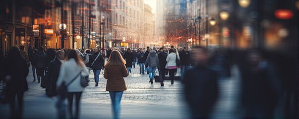 Crowd of people walking on busy street city in motion blur.