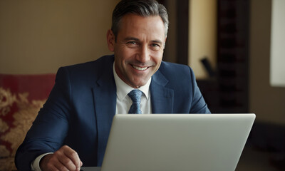 Portrait of a smiling businessman in a suit using a laptop