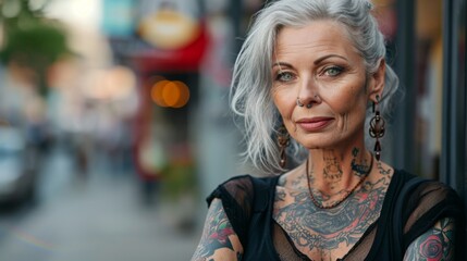 Fototapeta premium Middle age woman with tattoos standing over street background copy space, presenting advertisement smiling excited happy