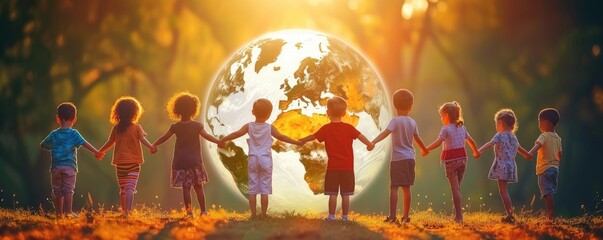 International Children's Day. Happy children of different nationalities standing around a globe - obrazy, fototapety, plakaty