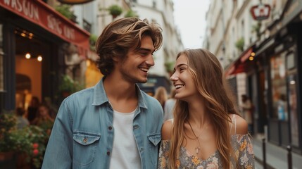 Naklejka premium A young and happy couple walks down the street holding hands in city