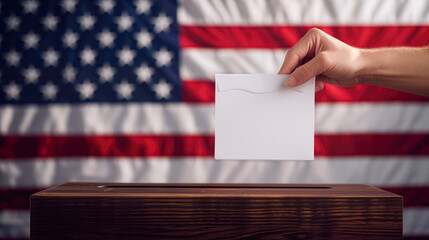A close-up of a person's hand holding an envelope, ready to cast their vote, with the American flag in the background, symbolizing the voting process.