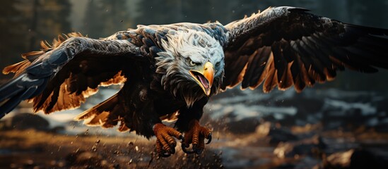 Eagle bird flying looking for rabbit prey in forest landscape in winter