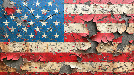 An image showcasing a distressed American flag with cracked paint on a concrete wall, symbolizing struggle or patriotism under distress.
