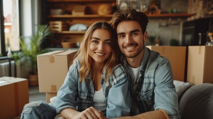 Fototapeta premium A young couple is sitting in an apartment with a pile of large brown cardboard boxes