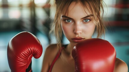 Beautiful young woman competes in boxing in the gym