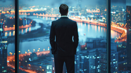 Fototapeta premium Back view of a businessman gazing at the city lights at dusk, contemplating urban life and business strategy.