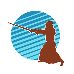 Silhouette of a sword warrior in action pose. Silhouette of a martial art person carrying sword weapon. Silhouette of kendo martial art pose.