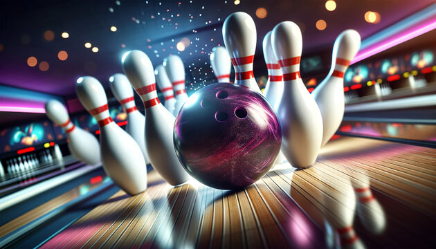 Dynamic bowling alley scene with a rolling ball striking pins amidst a vibrant, illuminated environment with a celebratory feel.Sports concept. AI generated.