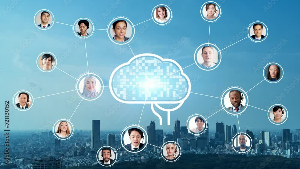 Poster multinational people communication and ai (artificial intelligence) concept. human resources managem