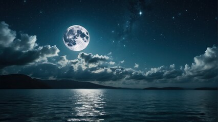 Romantic Moon With Clouds And Starry Sky Over Sparkling Blue Water.  Generative, AI.