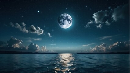 Naklejka na ściany i meble Romantic Moon With Clouds And Starry Sky Over Sparkling Blue Water. Generative, AI.