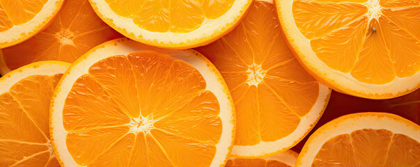 Orange sliced background. Oranges cut on orange table.