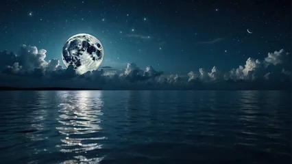 Photo sur Plexiglas Pleine Lune arbre Romantic Moon With Clouds And Starry Sky Over Sparkling Blue Water.  Generative, AI.